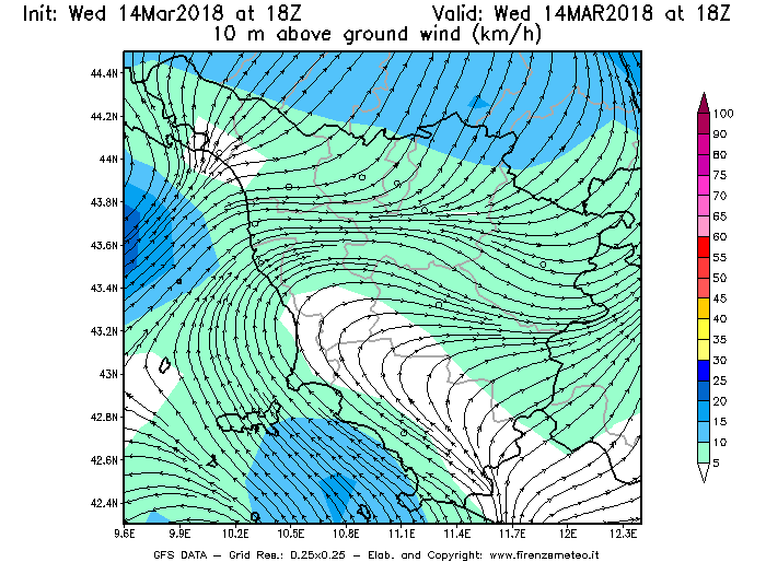 Mappa di analisi GFS - Velocità del vento a 10 metri dal suolo [km/h] in Toscana
									del 14/03/2018 18 <!--googleoff: index-->UTC<!--googleon: index-->