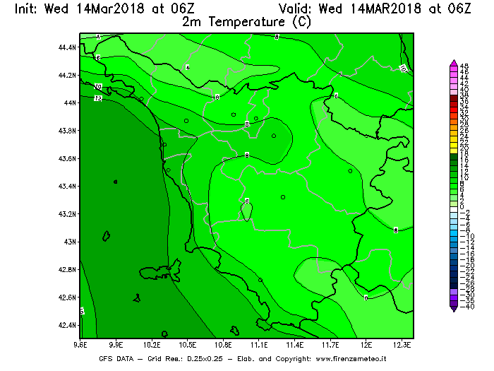 Mappa di analisi GFS - Temperatura a 2 metri dal suolo [°C] in Toscana
									del 14/03/2018 06 <!--googleoff: index-->UTC<!--googleon: index-->