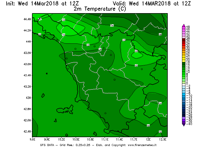 Mappa di analisi GFS - Temperatura a 2 metri dal suolo [°C] in Toscana
							del 14/03/2018 12 <!--googleoff: index-->UTC<!--googleon: index-->