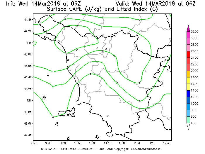 Mappa di analisi GFS - CAPE [J/kg] e Lifted Index [°C] in Toscana
							del 14/03/2018 06 <!--googleoff: index-->UTC<!--googleon: index-->