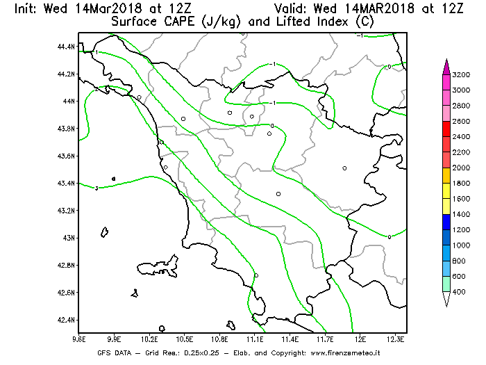 Mappa di analisi GFS - CAPE [J/kg] e Lifted Index [°C] in Toscana
							del 14/03/2018 12 <!--googleoff: index-->UTC<!--googleon: index-->