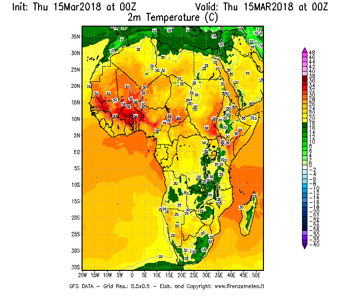 Mappa di analisi GFS - Temperatura a 2 metri dal suolo [°C] in Africa
									del 15/03/2018 00 <!--googleoff: index-->UTC<!--googleon: index-->