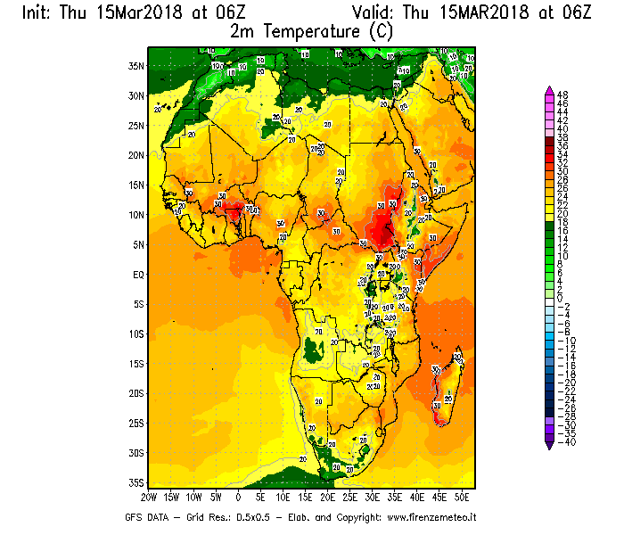 Mappa di analisi GFS - Temperatura a 2 metri dal suolo [°C] in Africa
							del 15/03/2018 06 <!--googleoff: index-->UTC<!--googleon: index-->