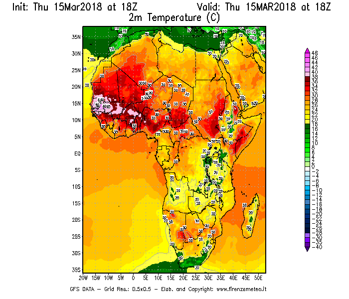 Mappa di analisi GFS - Temperatura a 2 metri dal suolo [°C] in Africa
									del 15/03/2018 18 <!--googleoff: index-->UTC<!--googleon: index-->