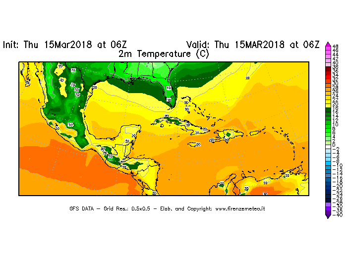Mappa di analisi GFS - Temperatura a 2 metri dal suolo [°C] in Centro-America
									del 15/03/2018 06 <!--googleoff: index-->UTC<!--googleon: index-->