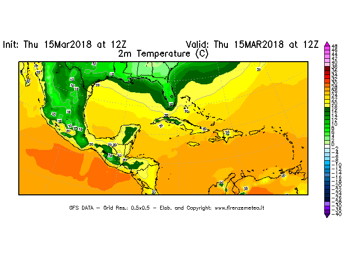 Mappa di analisi GFS - Temperatura a 2 metri dal suolo [°C] in Centro-America
									del 15/03/2018 12 <!--googleoff: index-->UTC<!--googleon: index-->