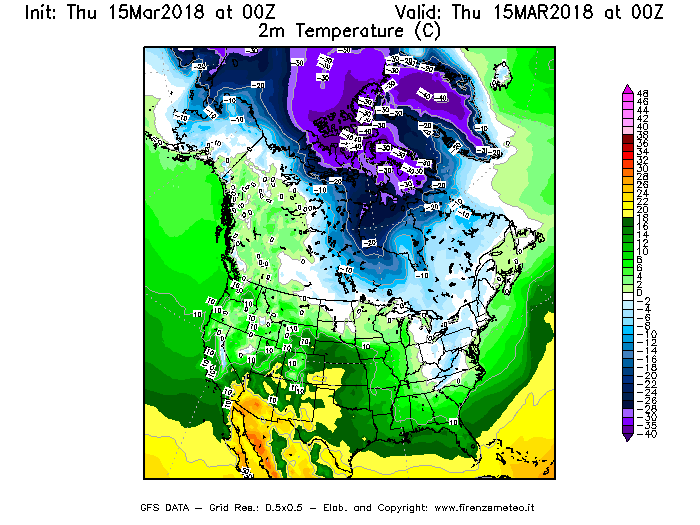 Mappa di analisi GFS - Temperatura a 2 metri dal suolo [°C] in Nord-America
							del 15/03/2018 00 <!--googleoff: index-->UTC<!--googleon: index-->