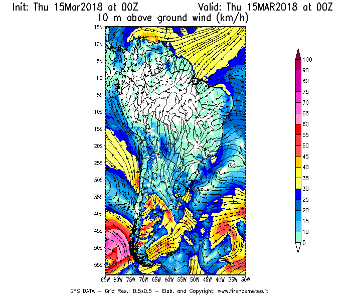 Mappa di analisi GFS - Velocità del vento a 10 metri dal suolo [km/h] in Sud-America
							del 15/03/2018 00 <!--googleoff: index-->UTC<!--googleon: index-->