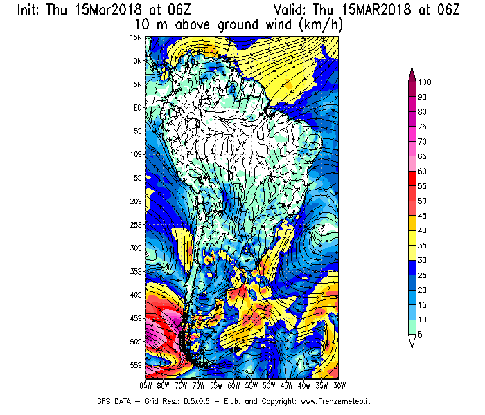 Mappa di analisi GFS - Velocità del vento a 10 metri dal suolo [km/h] in Sud-America
									del 15/03/2018 06 <!--googleoff: index-->UTC<!--googleon: index-->