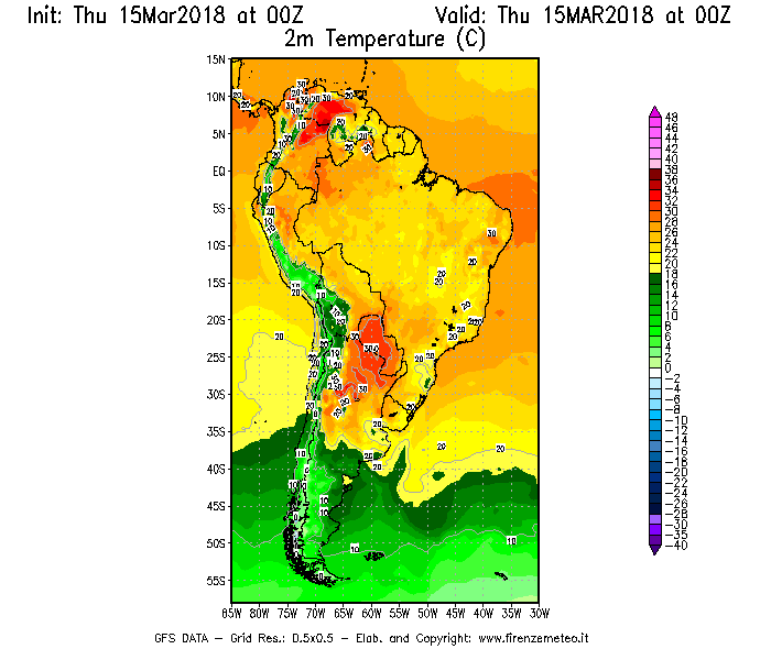 Mappa di analisi GFS - Temperatura a 2 metri dal suolo [°C] in Sud-America
									del 15/03/2018 00 <!--googleoff: index-->UTC<!--googleon: index-->
