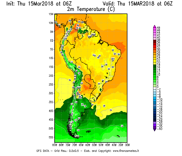 Mappa di analisi GFS - Temperatura a 2 metri dal suolo [°C] in Sud-America
									del 15/03/2018 06 <!--googleoff: index-->UTC<!--googleon: index-->