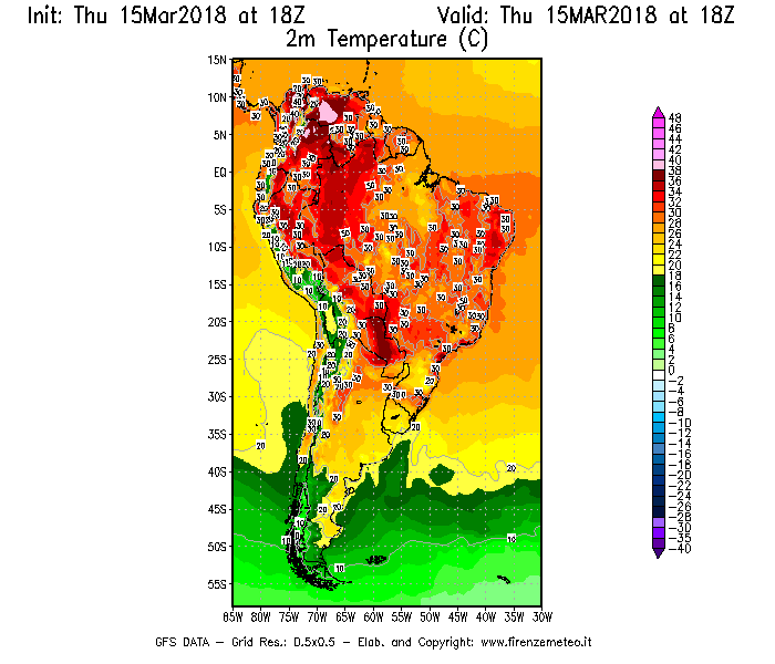 Mappa di analisi GFS - Temperatura a 2 metri dal suolo [°C] in Sud-America
							del 15/03/2018 18 <!--googleoff: index-->UTC<!--googleon: index-->