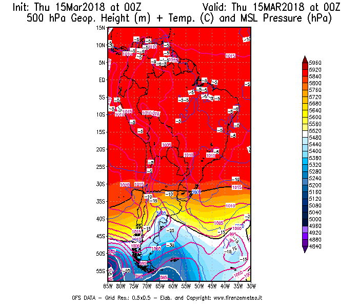 Mappa di analisi GFS - Geopotenziale [m] + Temp. [°C] a 500 hPa + Press. a livello del mare [hPa] in Sud-America
									del 15/03/2018 00 <!--googleoff: index-->UTC<!--googleon: index-->