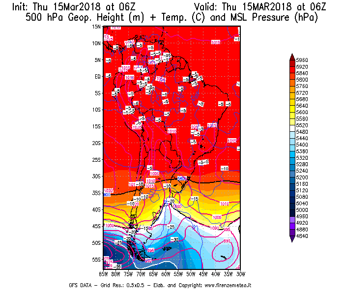 Mappa di analisi GFS - Geopotenziale [m] + Temp. [°C] a 500 hPa + Press. a livello del mare [hPa] in Sud-America
									del 15/03/2018 06 <!--googleoff: index-->UTC<!--googleon: index-->