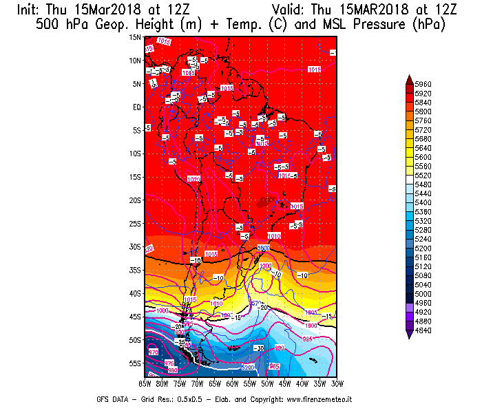 Mappa di analisi GFS - Geopotenziale [m] + Temp. [°C] a 500 hPa + Press. a livello del mare [hPa] in Sud-America
									del 15/03/2018 12 <!--googleoff: index-->UTC<!--googleon: index-->