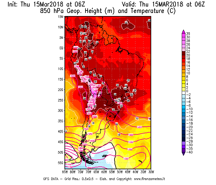 Mappa di analisi GFS - Geopotenziale [m] e Temperatura [°C] a 850 hPa in Sud-America
									del 15/03/2018 06 <!--googleoff: index-->UTC<!--googleon: index-->
