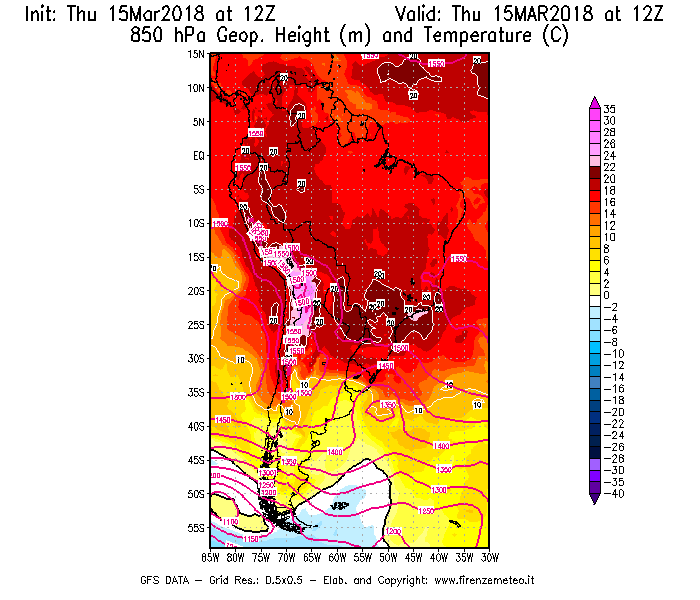 Mappa di analisi GFS - Geopotenziale [m] e Temperatura [°C] a 850 hPa in Sud-America
							del 15/03/2018 12 <!--googleoff: index-->UTC<!--googleon: index-->