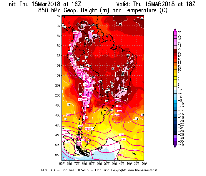 Mappa di analisi GFS - Geopotenziale [m] e Temperatura [°C] a 850 hPa in Sud-America
							del 15/03/2018 18 <!--googleoff: index-->UTC<!--googleon: index-->