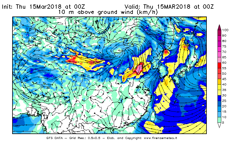 Mappa di analisi GFS - Velocità del vento a 10 metri dal suolo [km/h] in Asia Orientale
							del 15/03/2018 00 <!--googleoff: index-->UTC<!--googleon: index-->