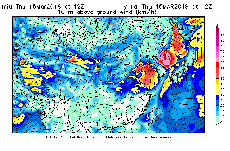 Mappa di analisi GFS - Velocità del vento a 10 metri dal suolo [km/h] in Asia Orientale
									del 15/03/2018 12 <!--googleoff: index-->UTC<!--googleon: index-->