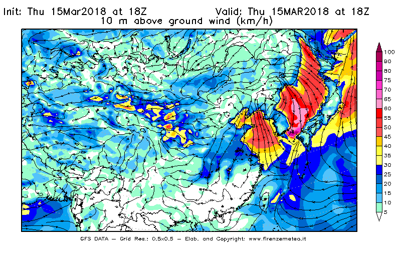 Mappa di analisi GFS - Velocità del vento a 10 metri dal suolo [km/h] in Asia Orientale
									del 15/03/2018 18 <!--googleoff: index-->UTC<!--googleon: index-->