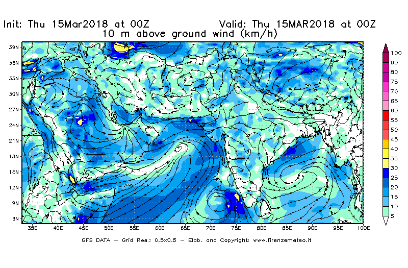 Mappa di analisi GFS - Velocità del vento a 10 metri dal suolo [km/h] in Asia Sud-Occidentale
							del 15/03/2018 00 <!--googleoff: index-->UTC<!--googleon: index-->