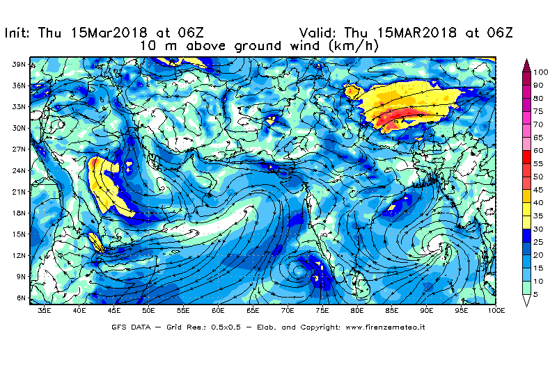 Mappa di analisi GFS - Velocità del vento a 10 metri dal suolo [km/h] in Asia Sud-Occidentale
							del 15/03/2018 06 <!--googleoff: index-->UTC<!--googleon: index-->
