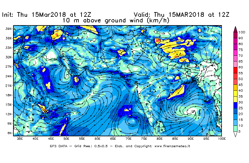 Mappa di analisi GFS - Velocità del vento a 10 metri dal suolo [km/h] in Asia Sud-Occidentale
							del 15/03/2018 12 <!--googleoff: index-->UTC<!--googleon: index-->