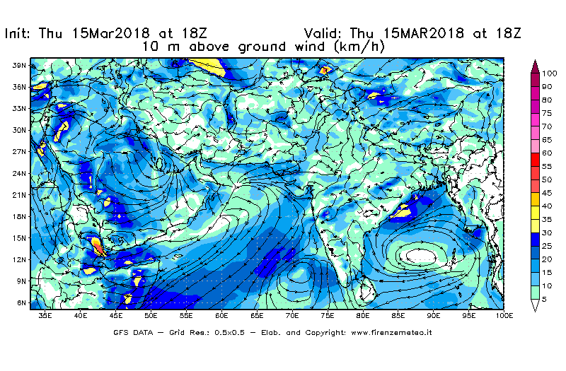 Mappa di analisi GFS - Velocità del vento a 10 metri dal suolo [km/h] in Asia Sud-Occidentale
							del 15/03/2018 18 <!--googleoff: index-->UTC<!--googleon: index-->
