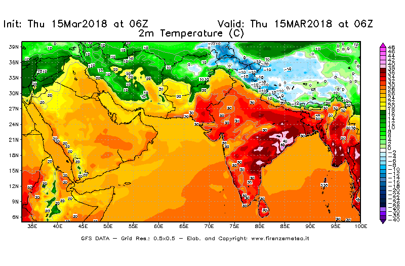 Mappa di analisi GFS - Temperatura a 2 metri dal suolo [°C] in Asia Sud-Occidentale
							del 15/03/2018 06 <!--googleoff: index-->UTC<!--googleon: index-->