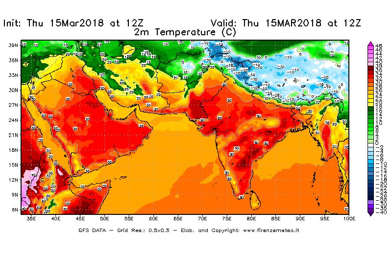 Mappa di analisi GFS - Temperatura a 2 metri dal suolo [°C] in Asia Sud-Occidentale
									del 15/03/2018 12 <!--googleoff: index-->UTC<!--googleon: index-->