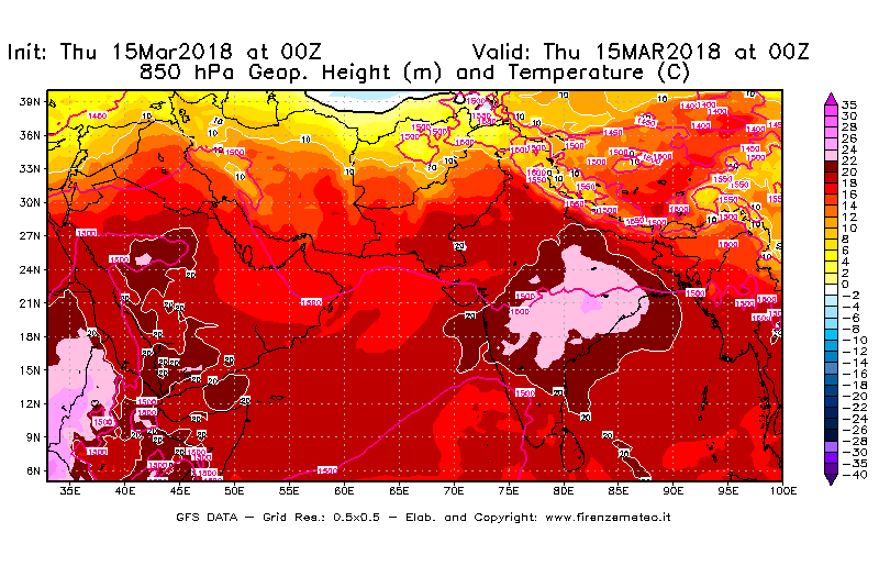 Mappa di analisi GFS - Geopotenziale [m] e Temperatura [°C] a 850 hPa in Asia Sud-Occidentale
							del 15/03/2018 00 <!--googleoff: index-->UTC<!--googleon: index-->