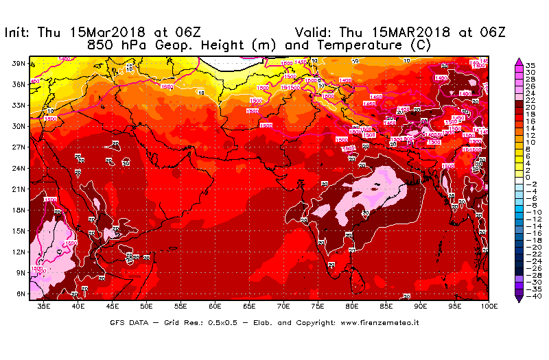 Mappa di analisi GFS - Geopotenziale [m] e Temperatura [°C] a 850 hPa in Asia Sud-Occidentale
							del 15/03/2018 06 <!--googleoff: index-->UTC<!--googleon: index-->