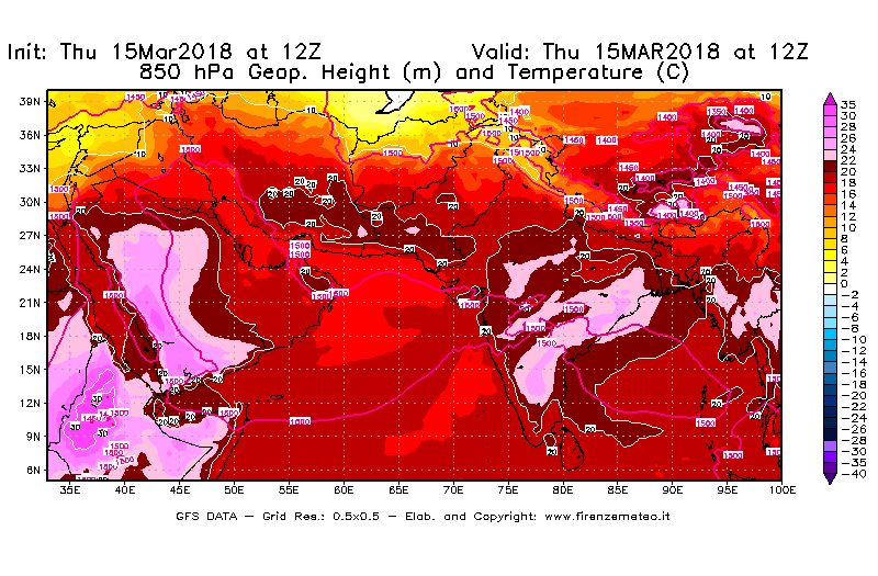 Mappa di analisi GFS - Geopotenziale [m] e Temperatura [°C] a 850 hPa in Asia Sud-Occidentale
							del 15/03/2018 12 <!--googleoff: index-->UTC<!--googleon: index-->