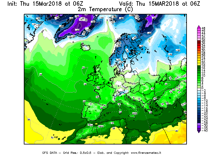 Mappa di analisi GFS - Temperatura a 2 metri dal suolo [°C] in Europa
							del 15/03/2018 06 <!--googleoff: index-->UTC<!--googleon: index-->