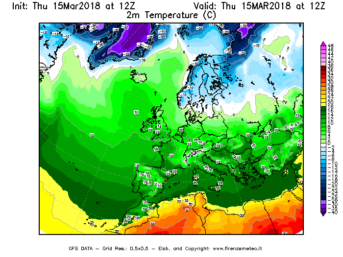 Mappa di analisi GFS - Temperatura a 2 metri dal suolo [°C] in Europa
							del 15/03/2018 12 <!--googleoff: index-->UTC<!--googleon: index-->