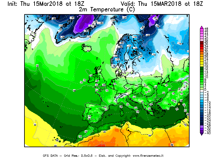 Mappa di analisi GFS - Temperatura a 2 metri dal suolo [°C] in Europa
									del 15/03/2018 18 <!--googleoff: index-->UTC<!--googleon: index-->