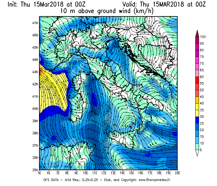 Mappa di analisi GFS - Velocità del vento a 10 metri dal suolo [km/h] in Italia
									del 15/03/2018 00 <!--googleoff: index-->UTC<!--googleon: index-->