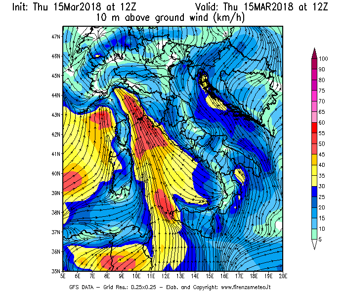 Mappa di analisi GFS - Velocità del vento a 10 metri dal suolo [km/h] in Italia
							del 15/03/2018 12 <!--googleoff: index-->UTC<!--googleon: index-->