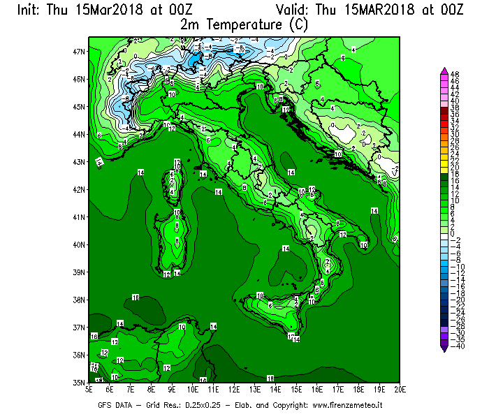 Mappa di analisi GFS - Temperatura a 2 metri dal suolo [°C] in Italia
							del 15/03/2018 00 <!--googleoff: index-->UTC<!--googleon: index-->