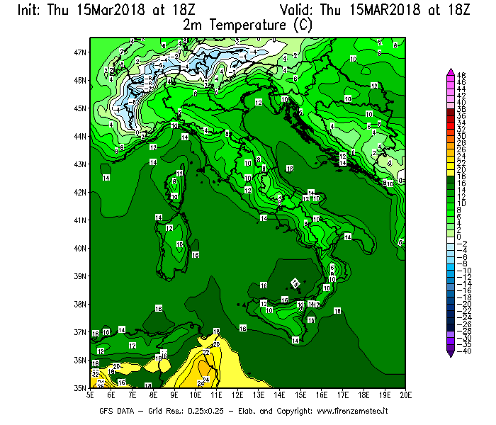 Mappa di analisi GFS - Temperatura a 2 metri dal suolo [°C] in Italia
							del 15/03/2018 18 <!--googleoff: index-->UTC<!--googleon: index-->