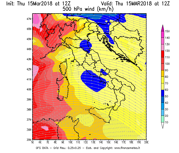 Mappa di analisi GFS - Velocità del vento a 500 hPa [km/h] in Italia
							del 15/03/2018 12 <!--googleoff: index-->UTC<!--googleon: index-->