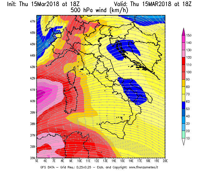 Mappa di analisi GFS - Velocità del vento a 500 hPa [km/h] in Italia
									del 15/03/2018 18 <!--googleoff: index-->UTC<!--googleon: index-->