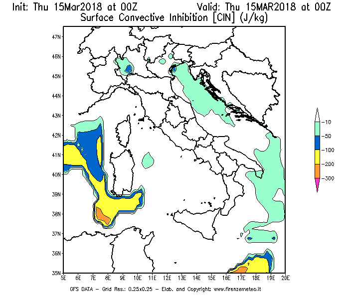 Mappa di analisi GFS - CIN [J/kg] in Italia
							del 15/03/2018 00 <!--googleoff: index-->UTC<!--googleon: index-->