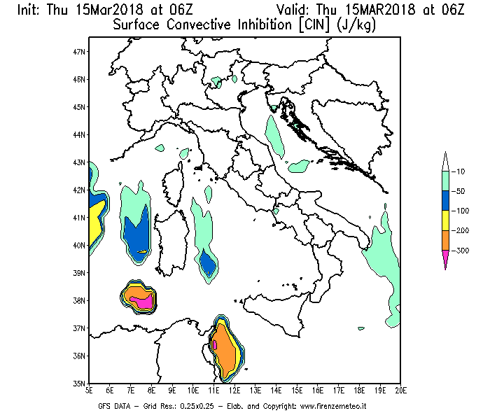 Mappa di analisi GFS - CIN [J/kg] in Italia
									del 15/03/2018 06 <!--googleoff: index-->UTC<!--googleon: index-->