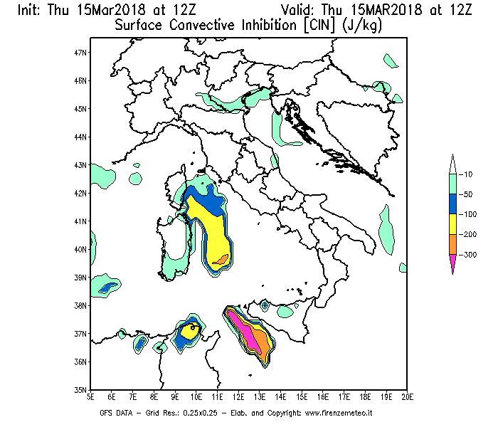 Mappa di analisi GFS - CIN [J/kg] in Italia
									del 15/03/2018 12 <!--googleoff: index-->UTC<!--googleon: index-->