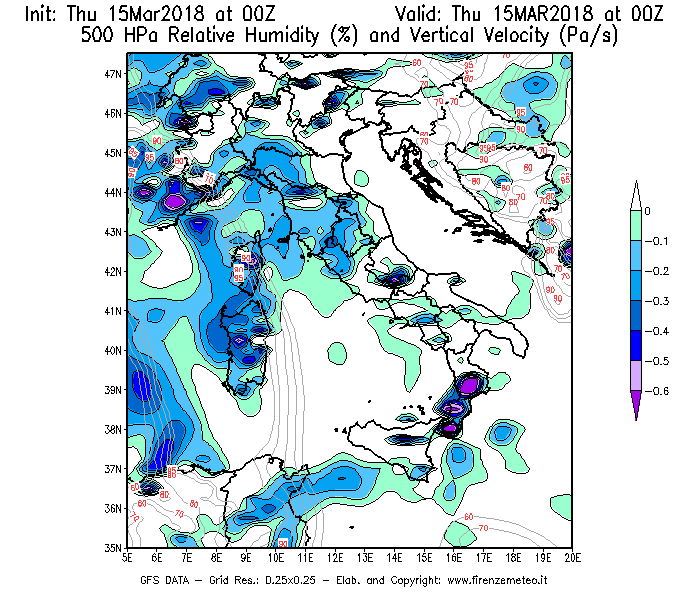 Mappa di analisi GFS - Umidità relativa [%] e Omega [Pa/s] a 500 hPa in Italia
							del 15/03/2018 00 <!--googleoff: index-->UTC<!--googleon: index-->