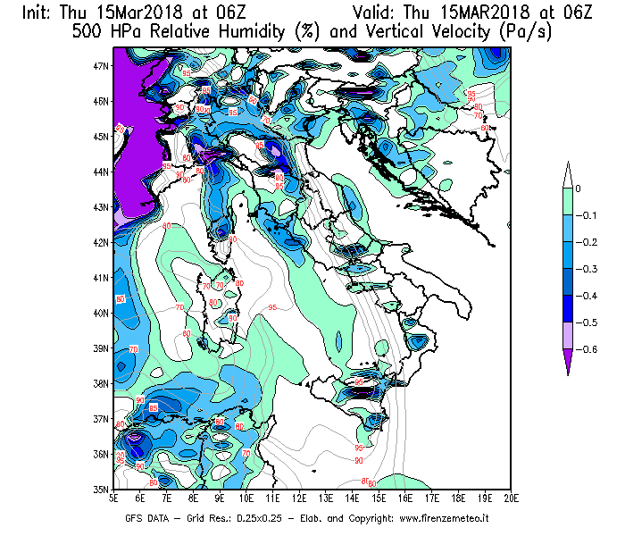 Mappa di analisi GFS - Umidità relativa [%] e Omega [Pa/s] a 500 hPa in Italia
							del 15/03/2018 06 <!--googleoff: index-->UTC<!--googleon: index-->