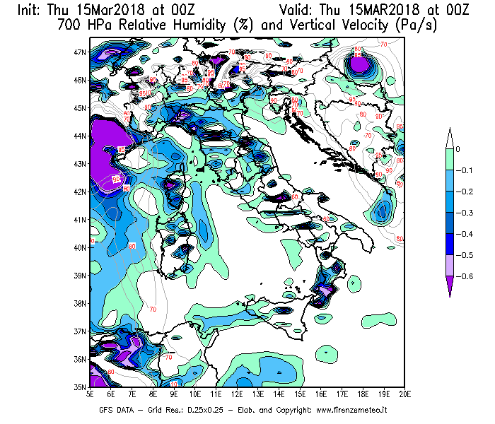 Mappa di analisi GFS - Umidità relativa [%] e Omega [Pa/s] a 700 hPa in Italia
									del 15/03/2018 00 <!--googleoff: index-->UTC<!--googleon: index-->