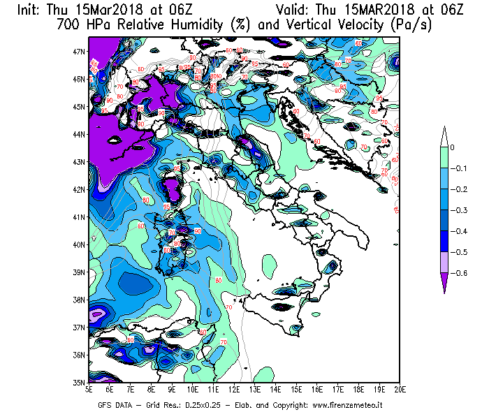Mappa di analisi GFS - Umidità relativa [%] e Omega [Pa/s] a 700 hPa in Italia
							del 15/03/2018 06 <!--googleoff: index-->UTC<!--googleon: index-->